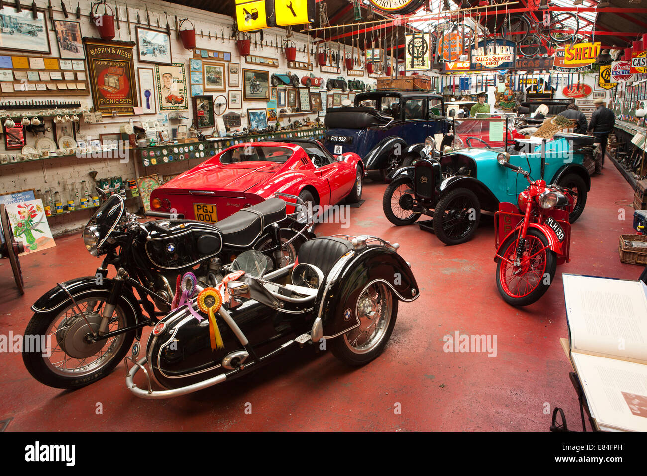 UK, England, Somerset, Porlock, Exmoor Classic Cars museum interior BMW motorbike with Steil sidecar Stock Photo