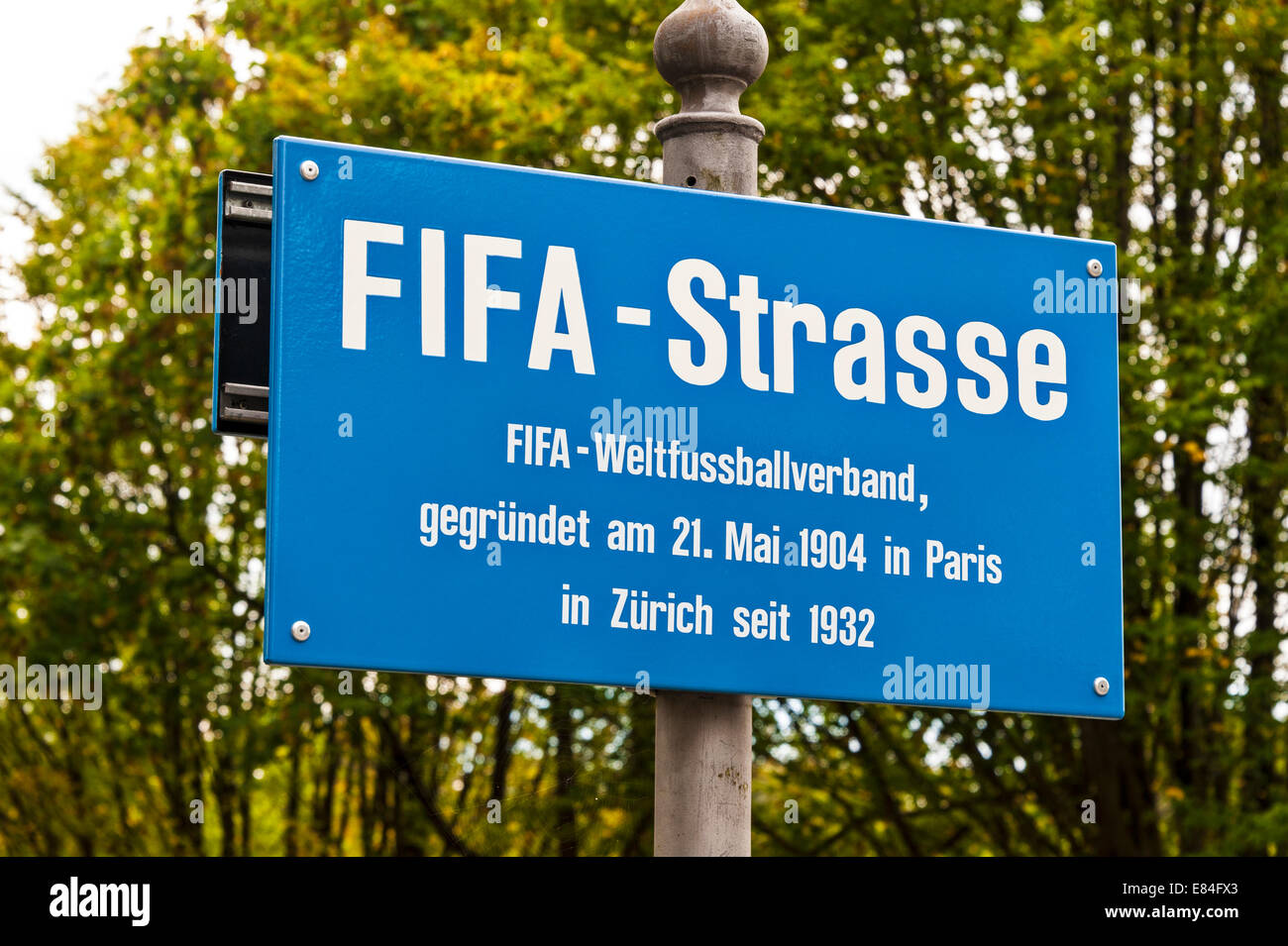 Street sign on the road leading up to the World Football Federation's (FIFA's) headquarters in Zurich, Switzerland. Stock Photo