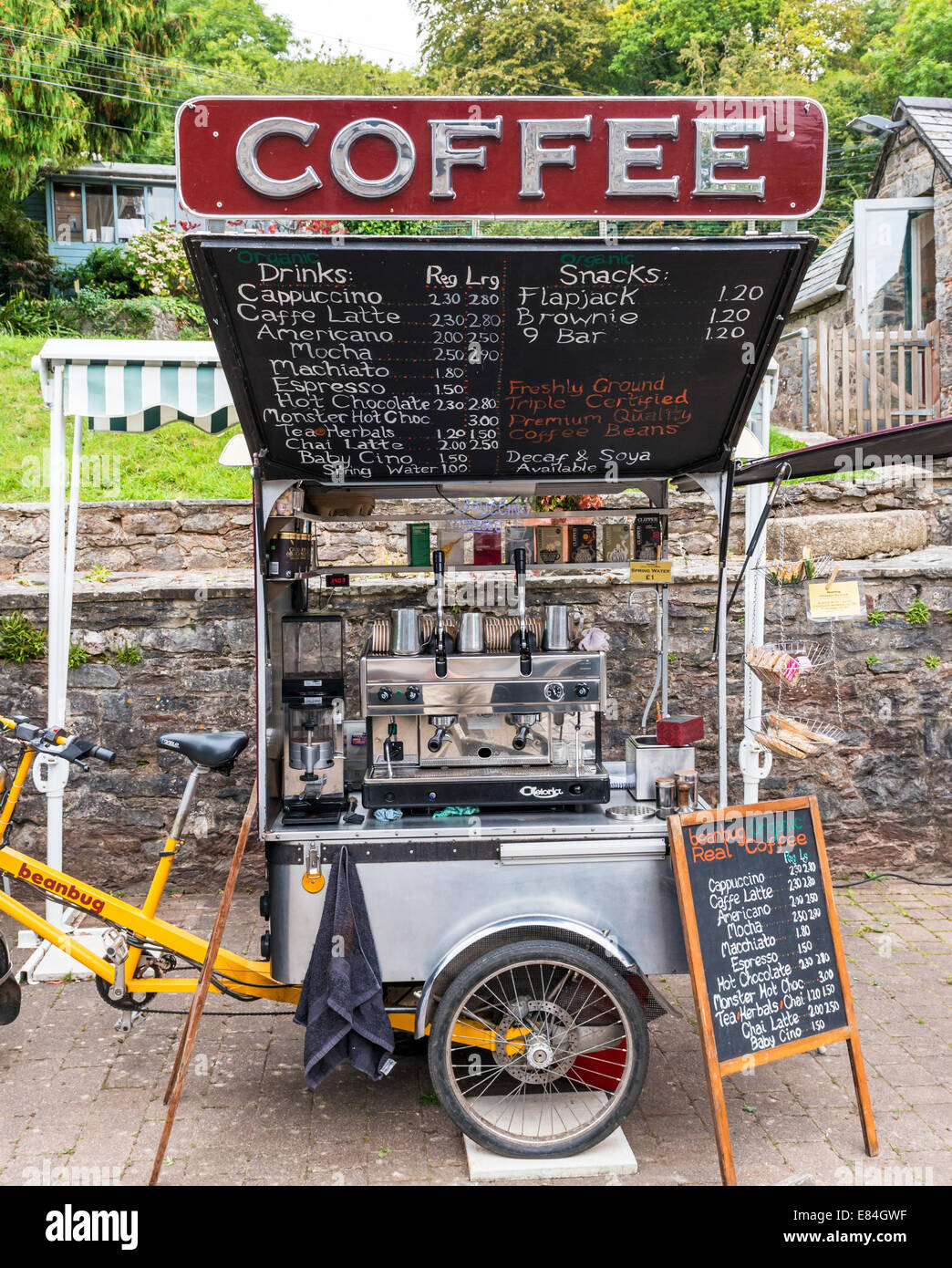 Dartington Devon England. A quirky mobile coffee stand stall at the Dartington cider Festival. Stock Photo