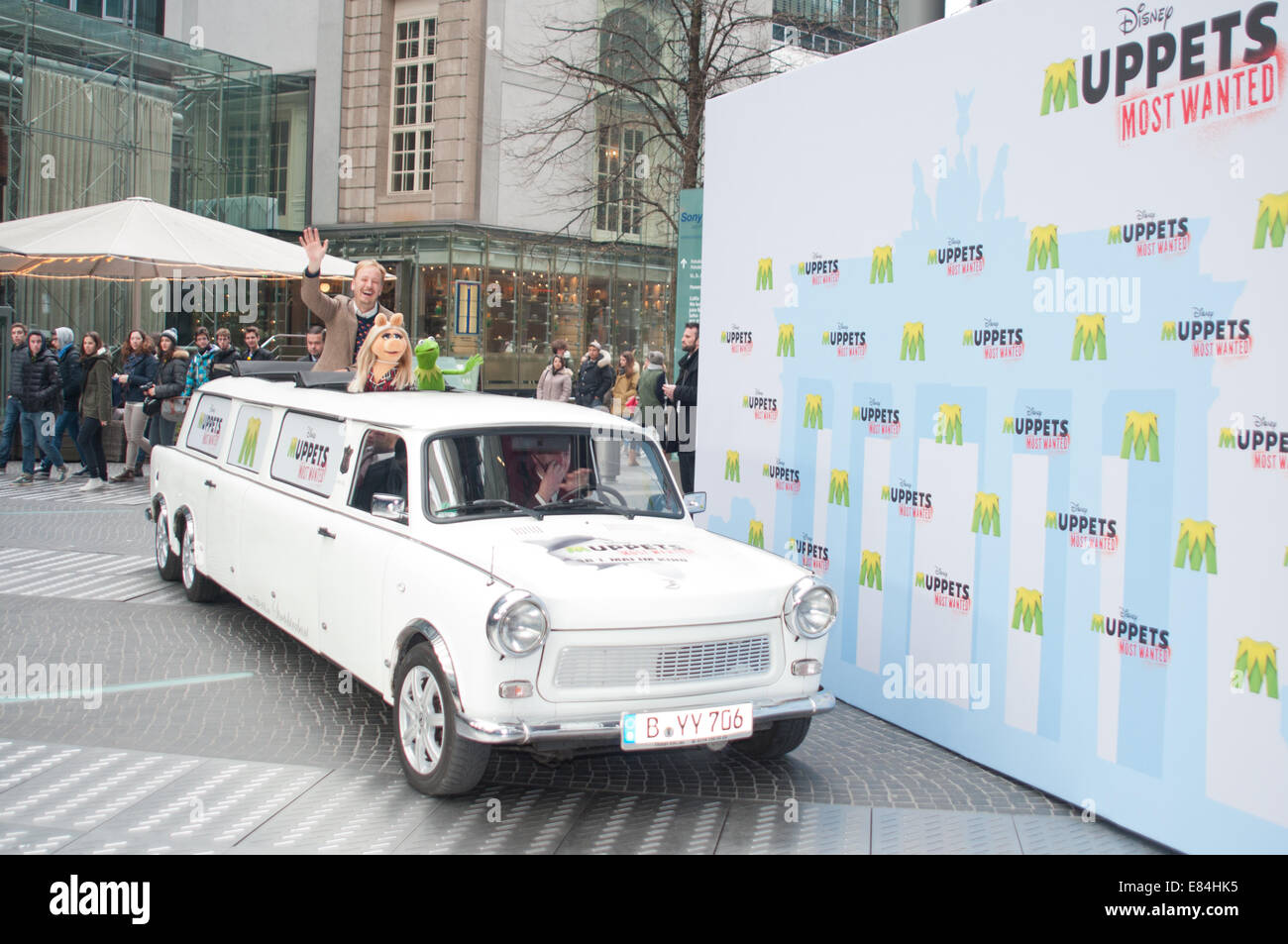 James Bobin, Miss Piggy and Kermit coming in XXL Trabant to promote the new 'The Muppets Most Wanted' Movie at Sony Center  Featuring: James Bobin,Miss Piggy,Kermit Where: Berlin, Germany When: 28 Mar 2014 Stock Photo
