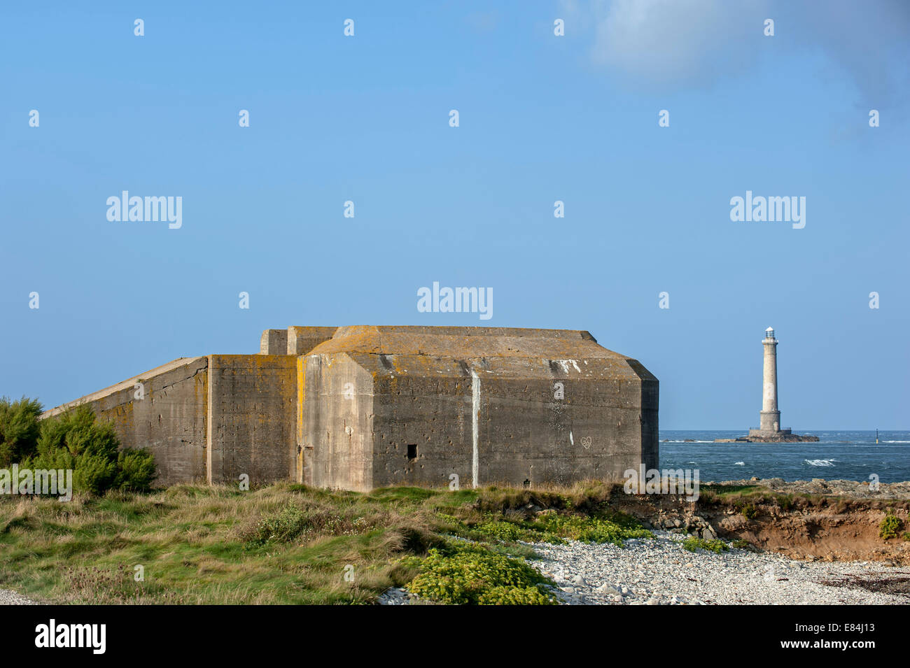 Special Construction (SK) searchlight bunker and lighthouse at the Cap de La Hague, Cotentin peninsula, Lower Normandy, France Stock Photo