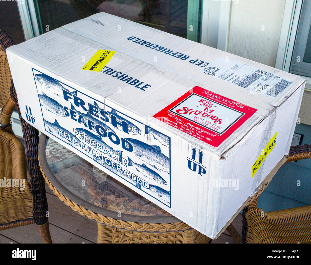 Boxed for overnight express shipping, fresh frozen salmon fish from Alaska, USA Stock Photo