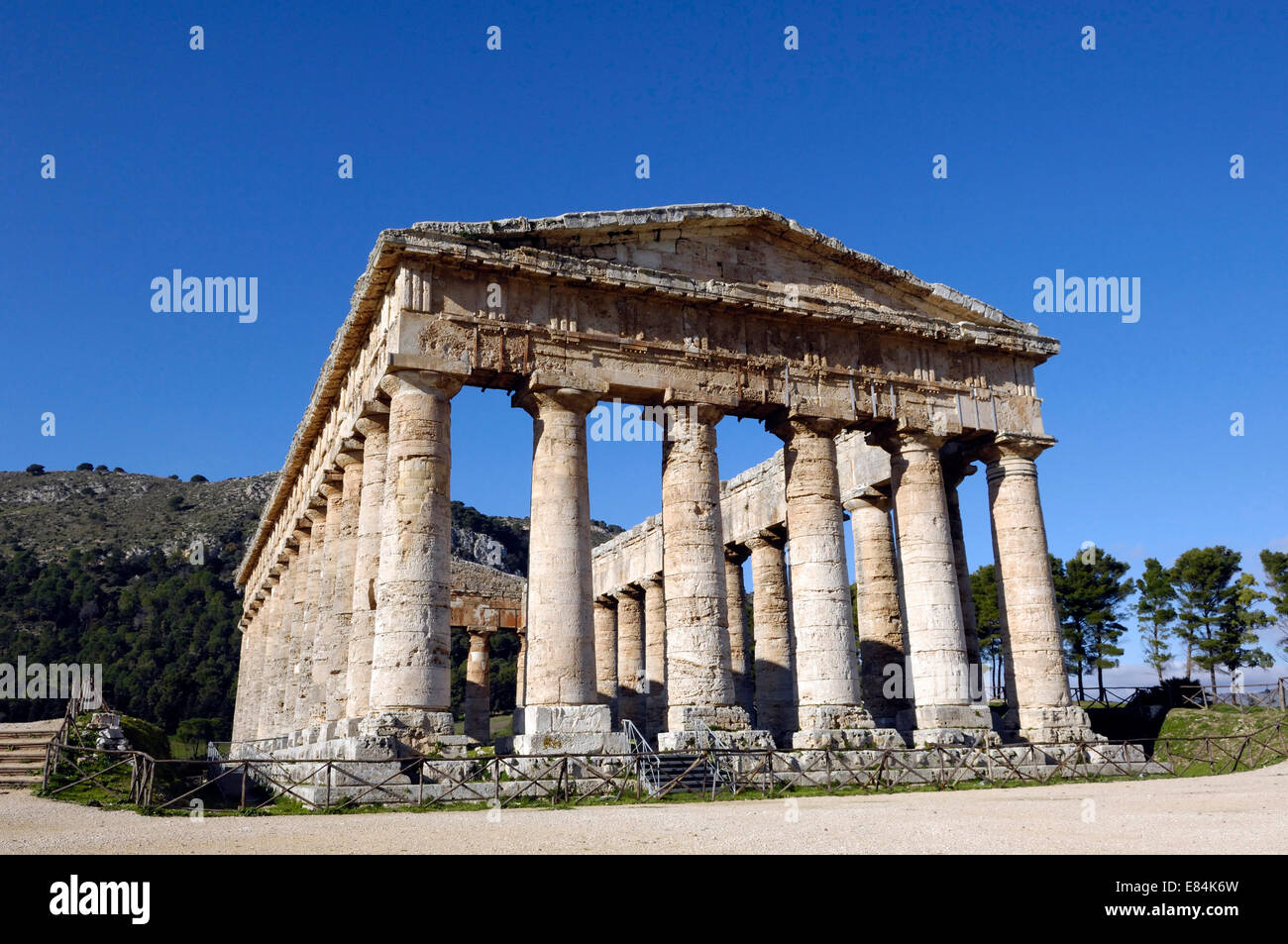 The ancient Doric Greek Hellenic temple ruins at Segesta founded by Aeneas Elymian. Dates from 426 BC Stock Photo