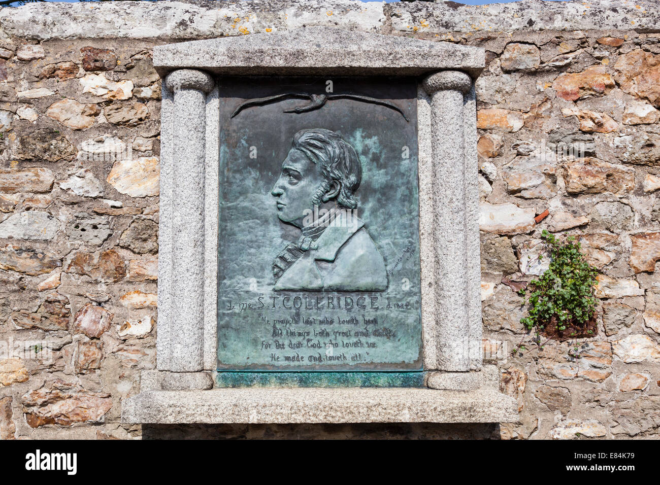 Memorial plaque to the poet Samuel Taylor Coleridge on a stone wall in