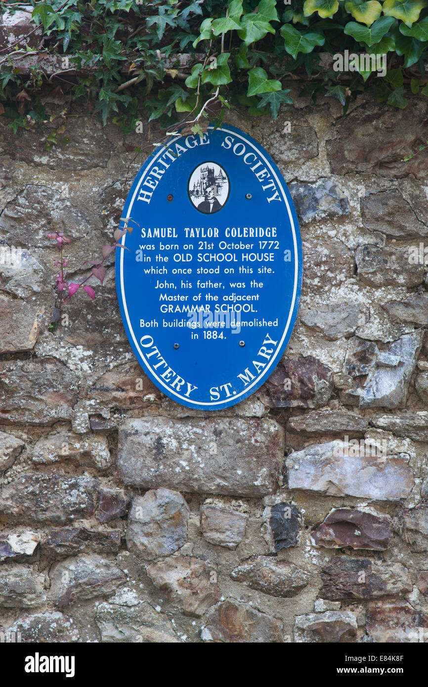 Memorial plaque on a stone wall referring to the house in Ottery St Mary where the poet Samuel Taylor Coleridge once lived. Stock Photo