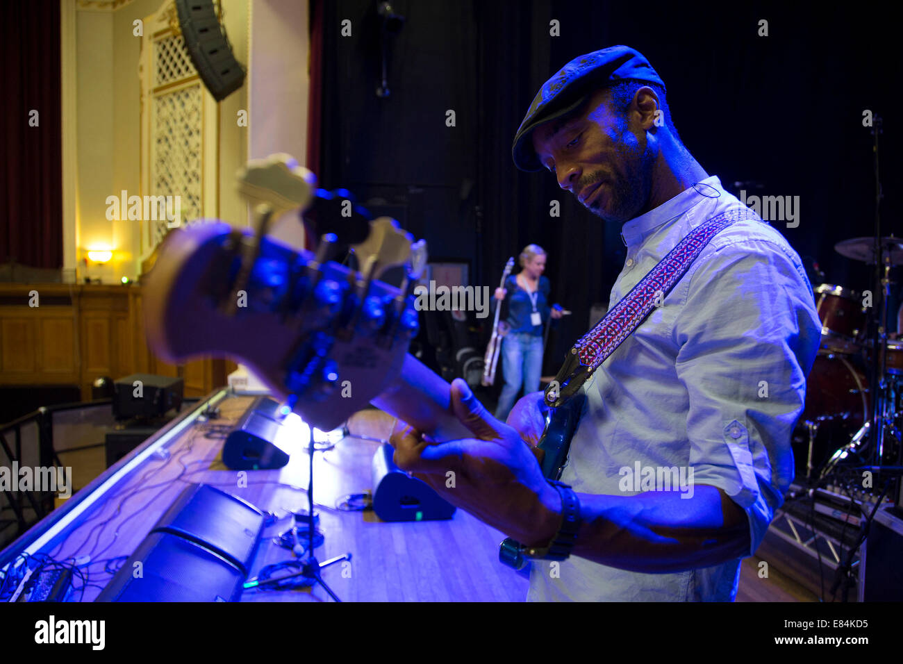 Bass player Bernard Georges during soundcheck. Throwing Muses at the Islington Assembly Hall, London, UK. Stock Photo