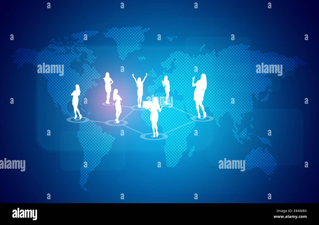 World map with business people - World Map With Business People Silhouettes E84M8X 
