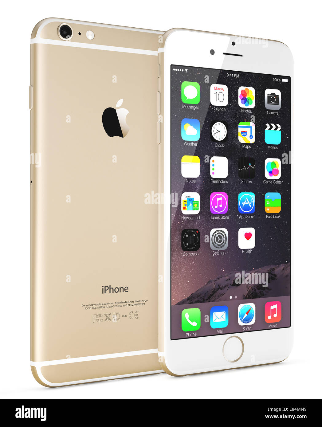 Apple Gold iPhone 6 Plus showing the home screen with iOS 8. Stock Photo