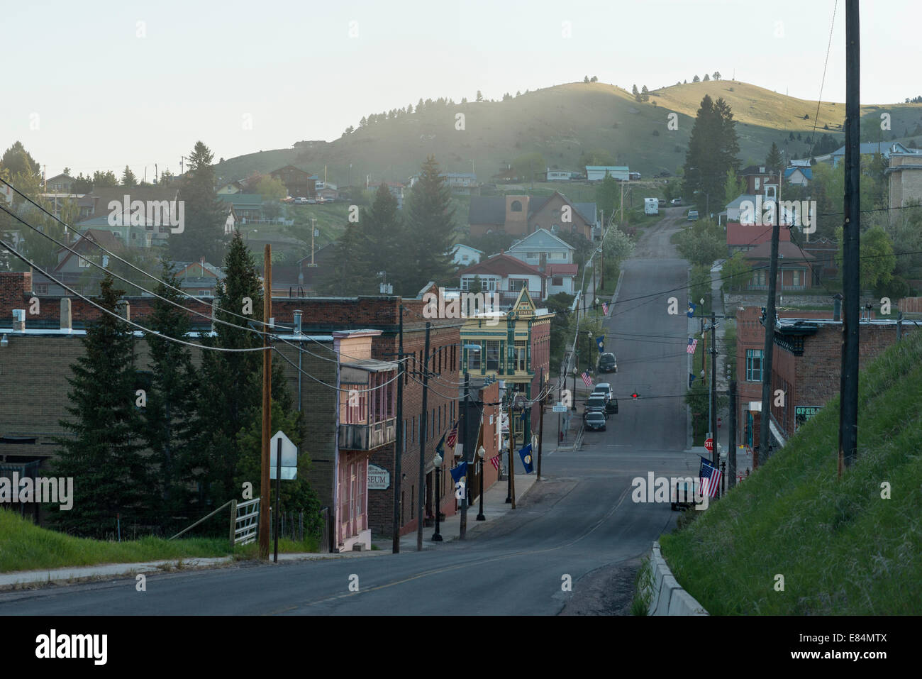 Sansome Street drops into and then rises out of Philipsburg, Montana. Stock Photo
