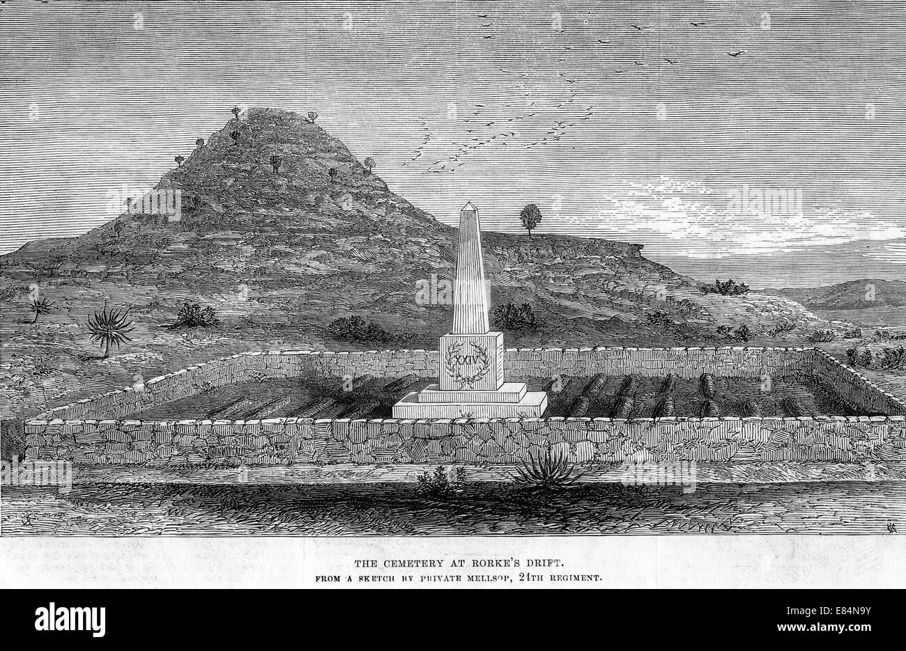ZULU WAR 1879 Cemetery at Rorke's Drift as it appeared several months after the battle. The height of the hill is exaggerated. Stock Photo