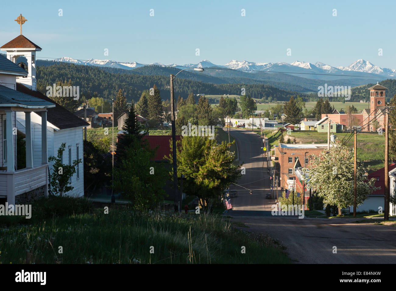 The Pintler Mountains rise to the south of Philipsburg, Montana. Stock Photo