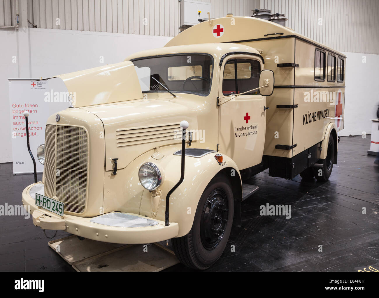 Historic Mercedes Benz Red Cross truck at the 65th IAA Commercial Vehicles Fair 2014 in Hannover, Germany Stock Photo