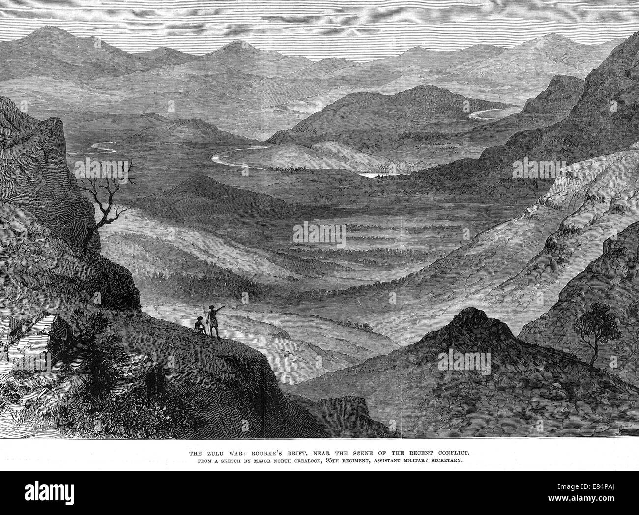 ZULU WAR 1879 View towards Rorke's Drift engraving from drawing by Lt Col John Crealock, Chelmsford's military secretary in 1878 Stock Photo