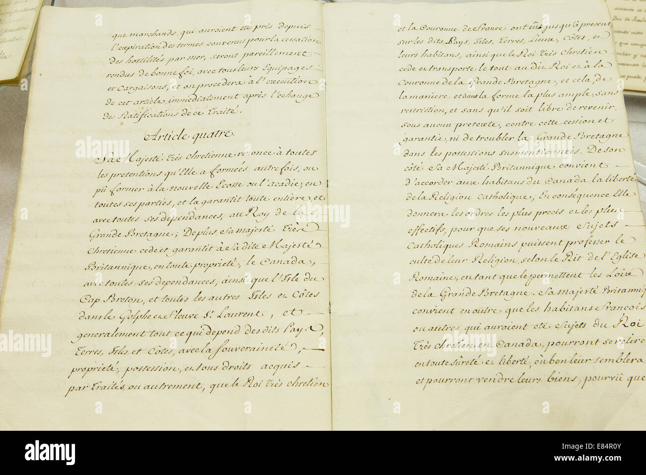 Traite de Paris de 1763 (Treaty of Paris of 1763) before an exhibition in Quebec City Stock Photo