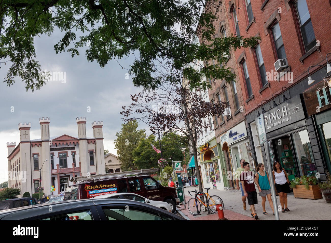Main Street, shopping district of Northampton, Massachusetts. City Hall at left. Stock Photo
