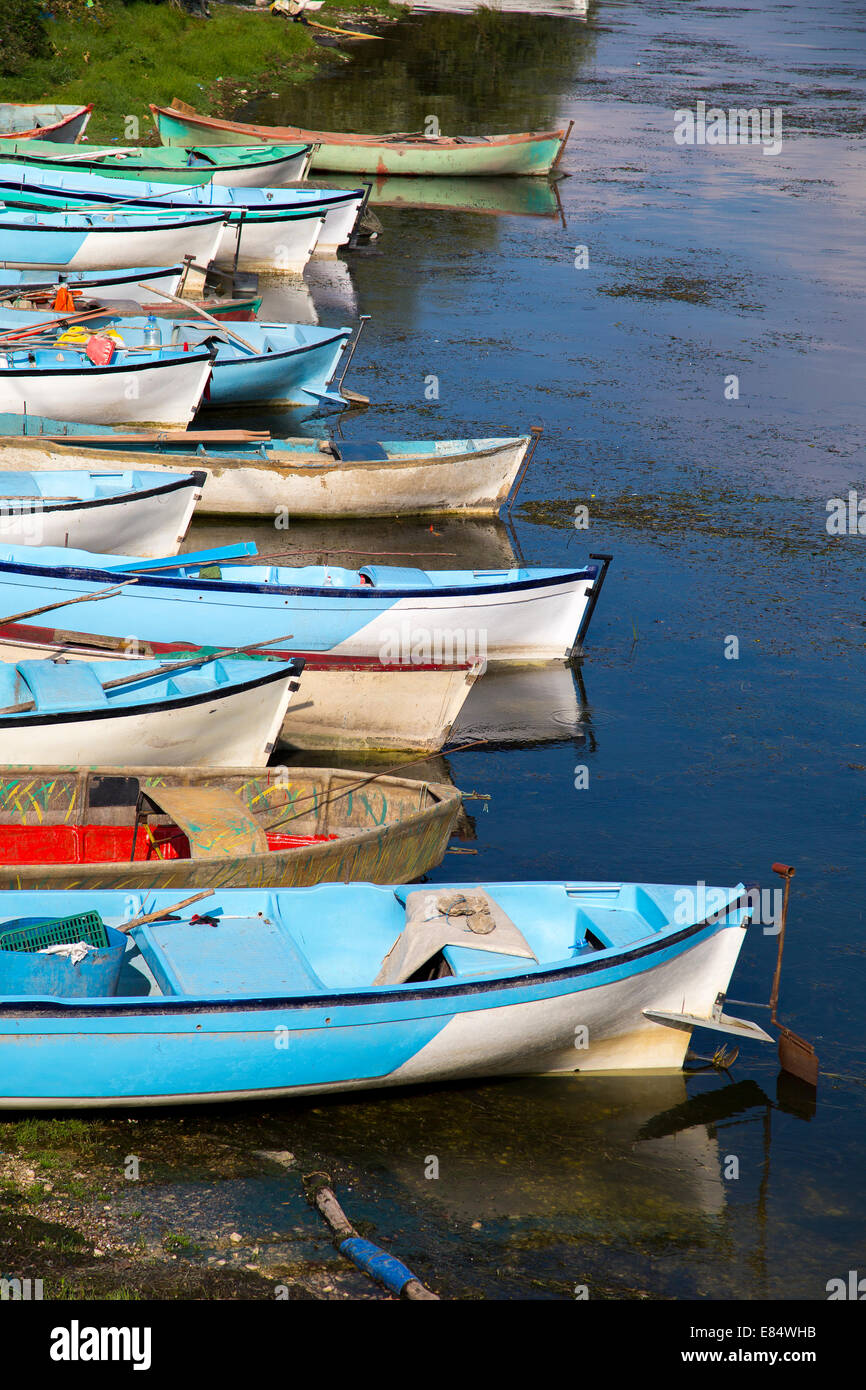 Group of fishing boats aligned with vertical composition Stock Photo