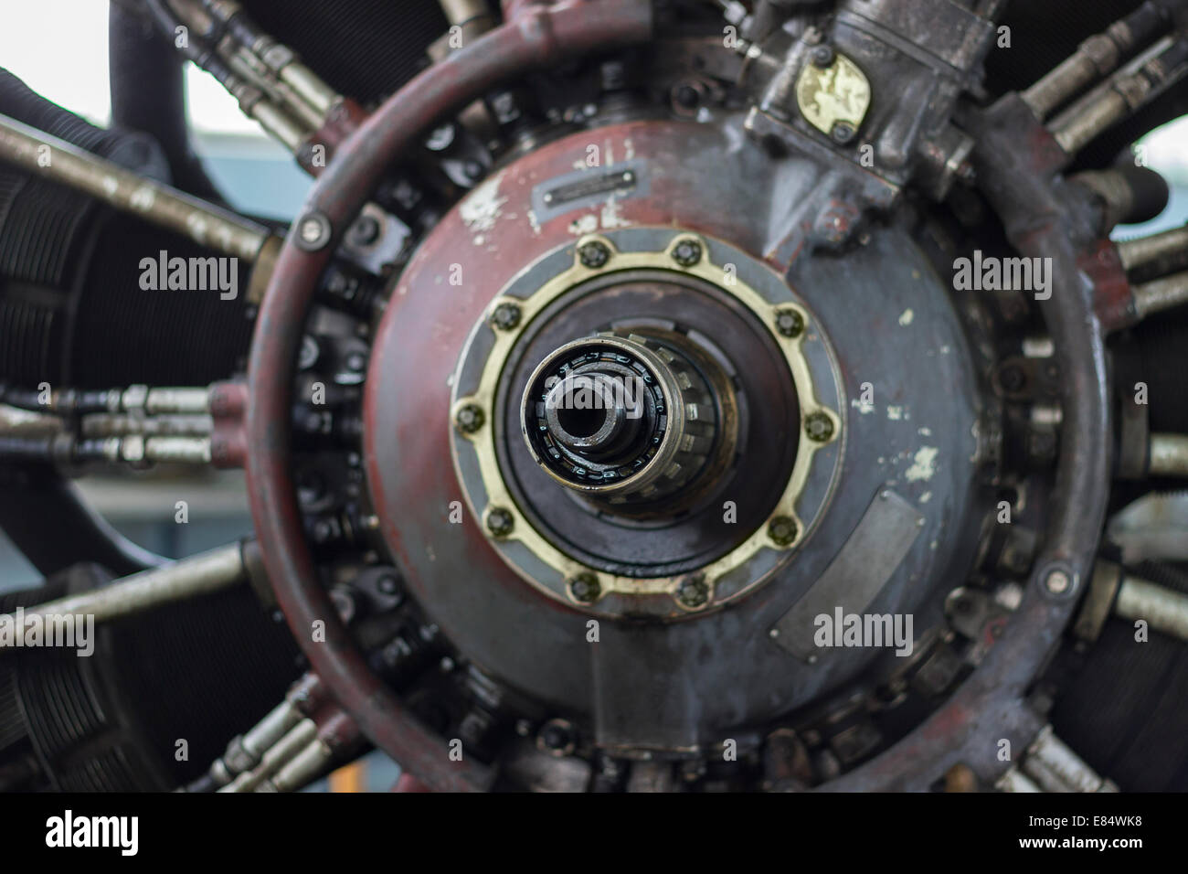 Closeup photo of a jet engine of a vintage airplane. Stock Photo
