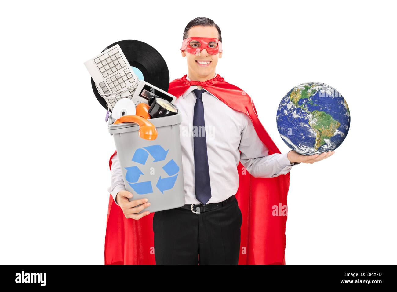 Superhero holding the world and a recycle bin full of old stuff ...