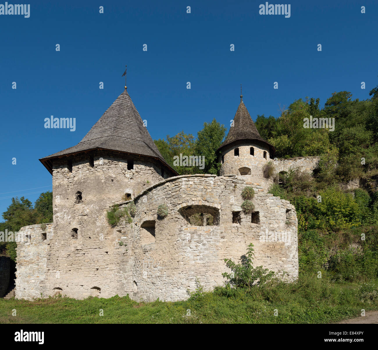 Lower Polish Gate in Kamyanets Podilsky (15-16 centuries): Nadbramna tower (left), Nastinna tower (right) Stock Photo