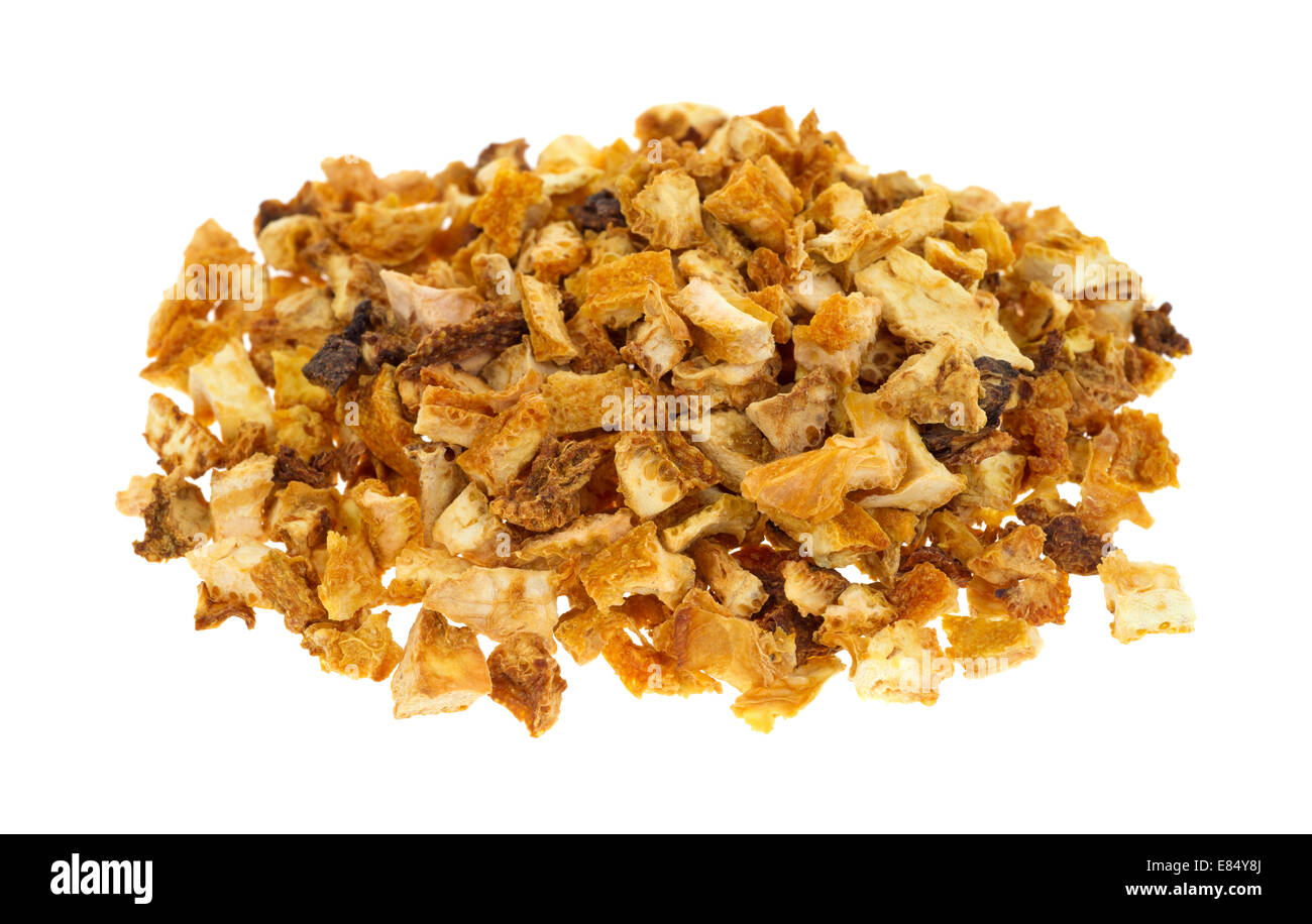 A portion of dehydrated orange peel rind on a white background. Stock Photo