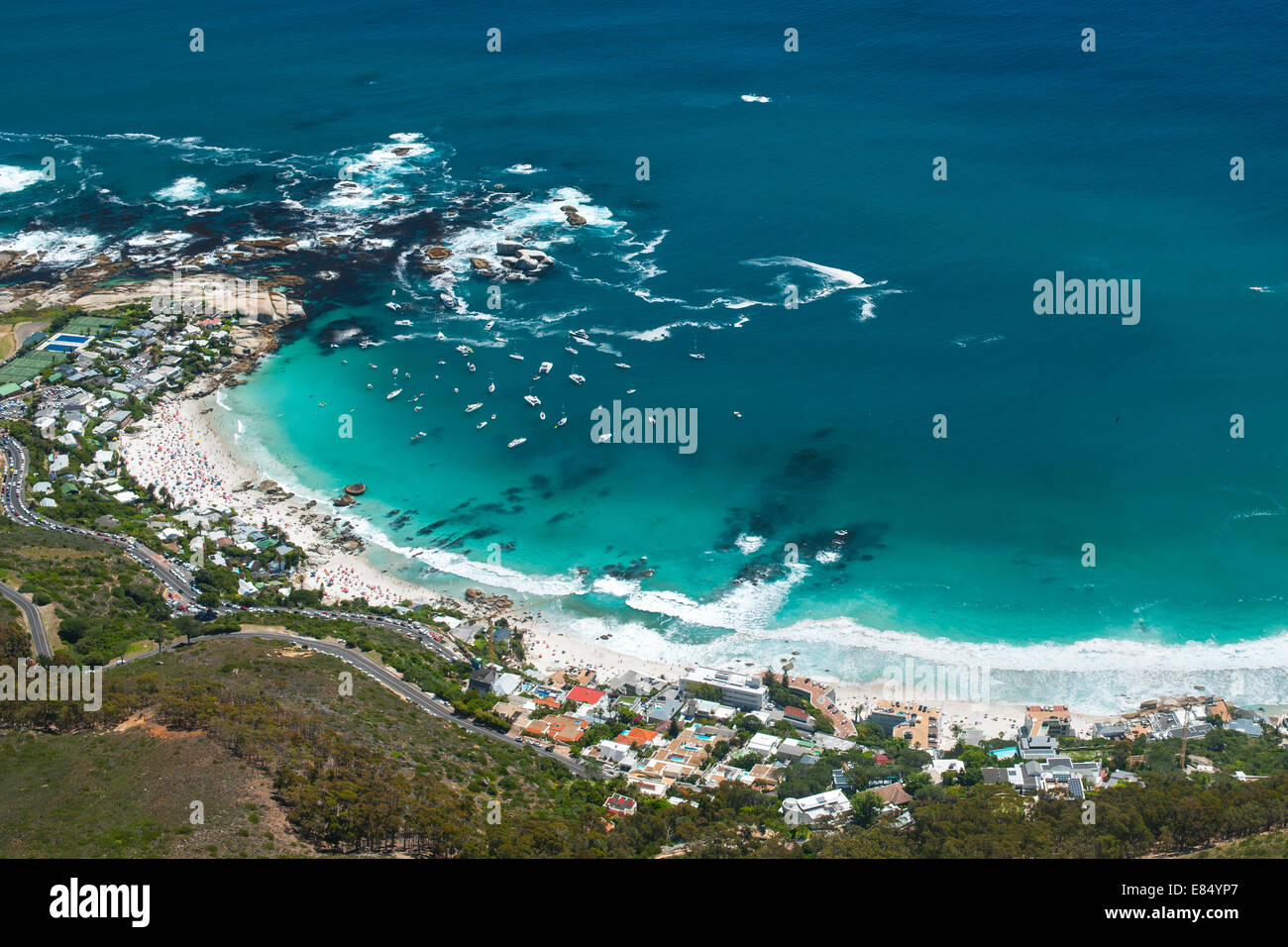 View of the four Clifton beaches on Cape Town's Atlantic coast. Stock Photo
