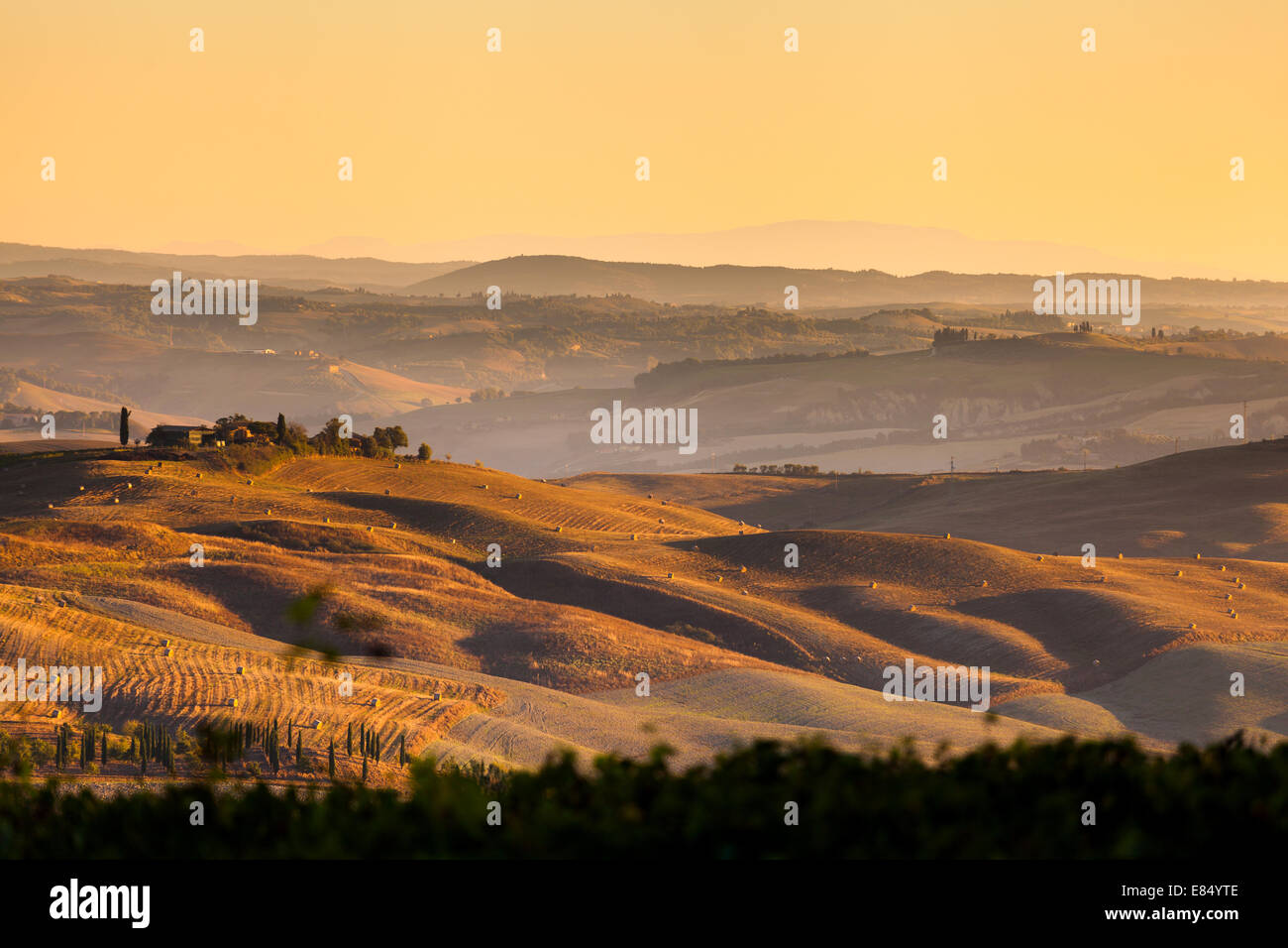 Southern Italy Rural Sunshine view of rural Italian Tuscany landscape; agricultural land and ...