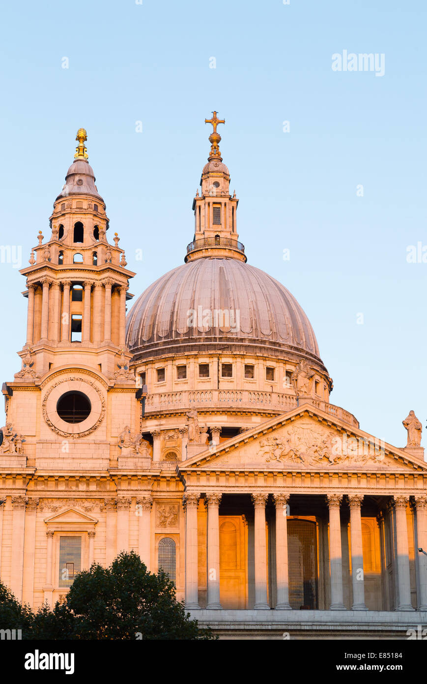 The outside of Part of St Pauls Cathedral at Sunset Stock Photo