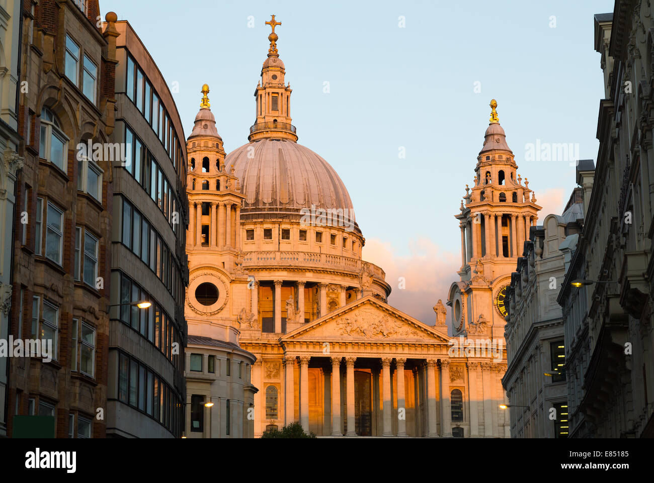 The outside of Part of St Pauls Cathedral at Sunset Stock Photo