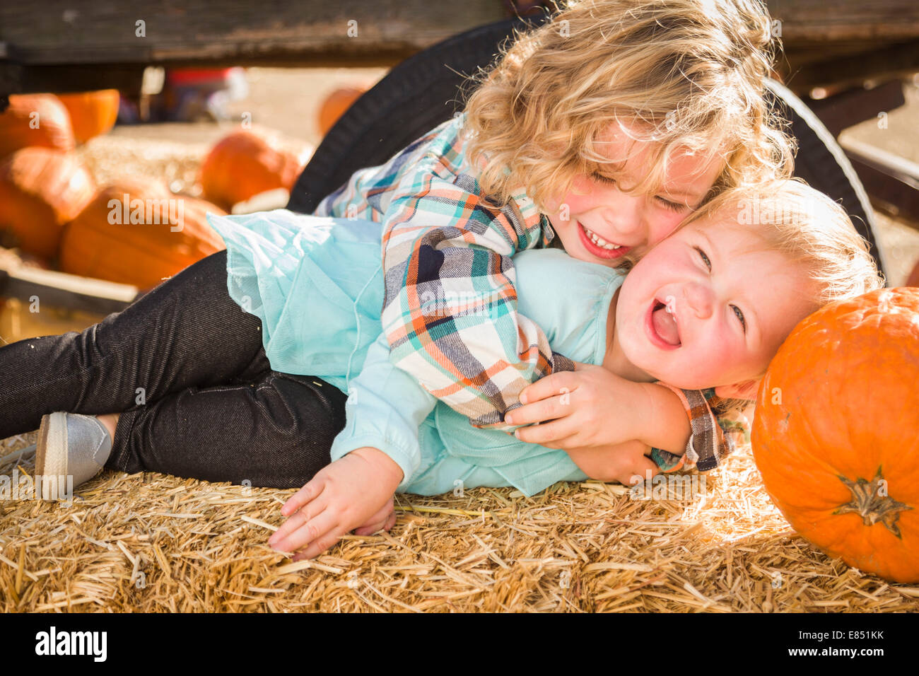 Sweet Little Boy Plays with His Baby Sister in a Rustic Ranch Setting at the Pumpkin Patch. Stock Photo