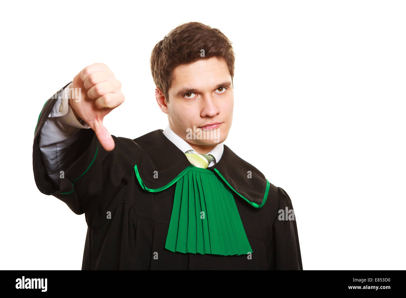 Law. Man lawyer attorney in polish (Poland) black green gown showing thumb down failure hand sign gesture isolated on white Stock Photo