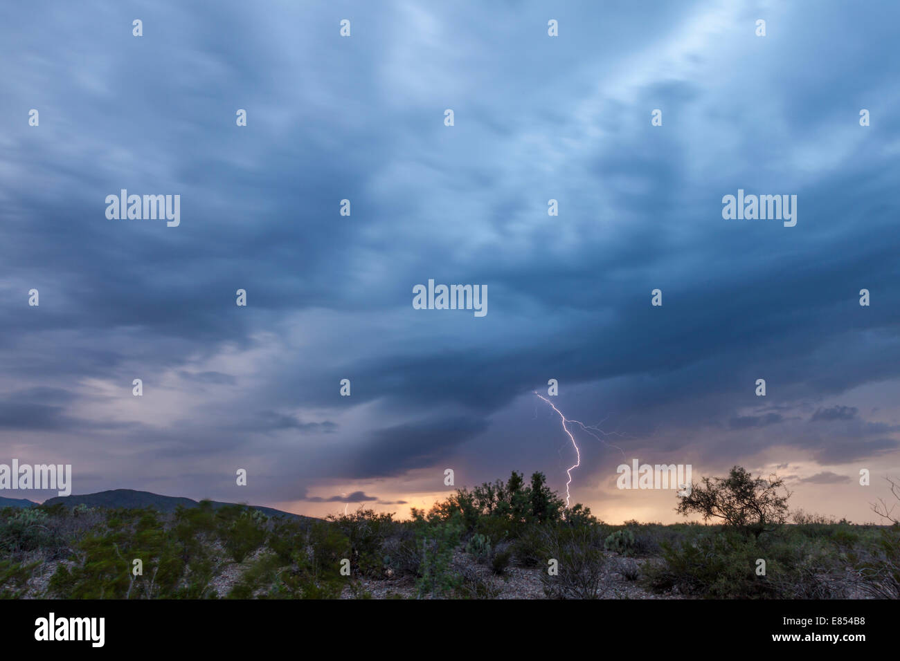 Storm clouds and Lightning strikes at Dugout Wells in Big Bend National Park. Stock Photo