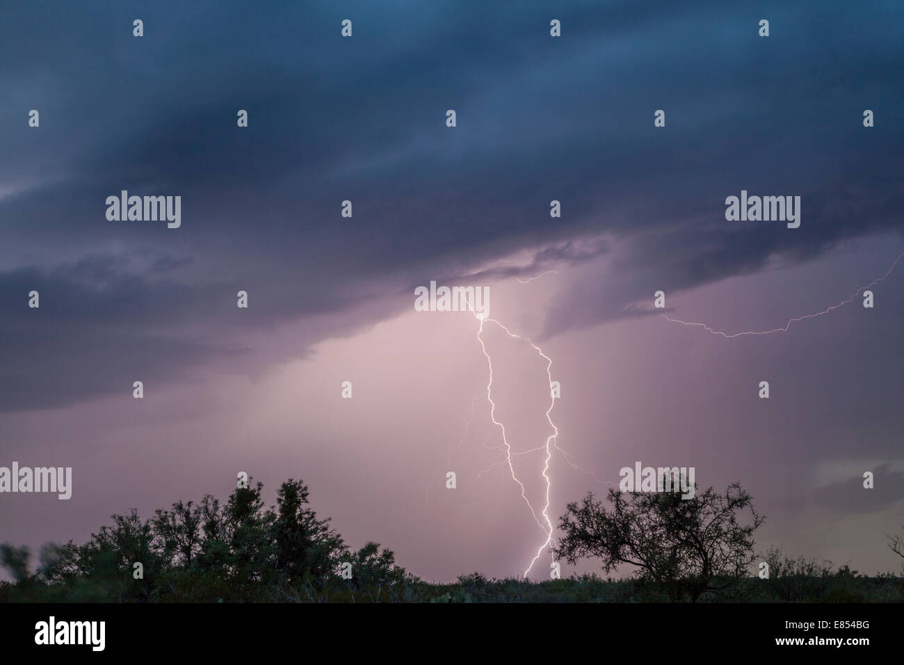 Storm clouds and Lightning strikes at Dugout Wells in Big Bend National Park. Stock Photo