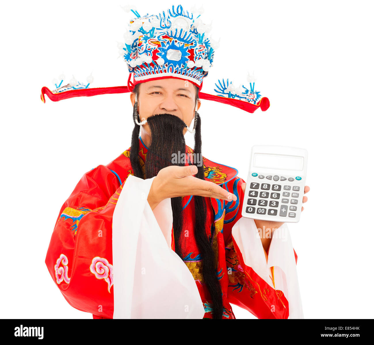 God of wealth show a compute machine over white background Stock Photo