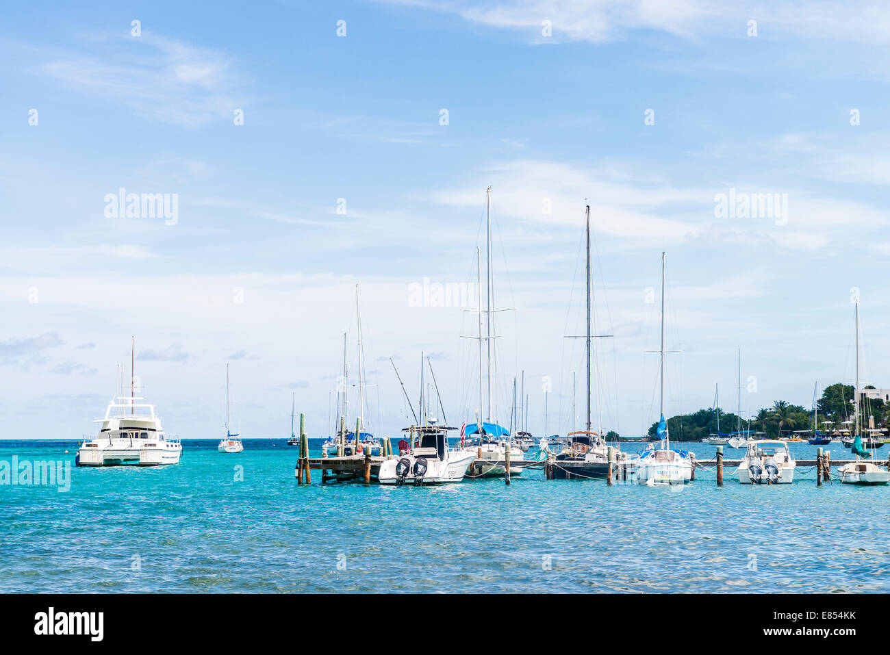 Sailboats moored in the Caribbean sea near Christiansted, U. S. Virgin Islands. Stock Photo