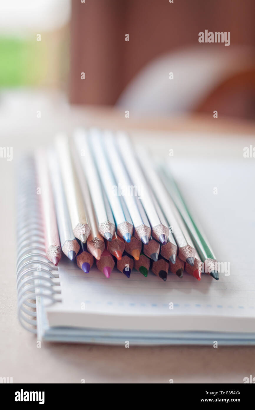 Cluster of colorful pencil crayons with spiral notebook, stock photo Stock Photo