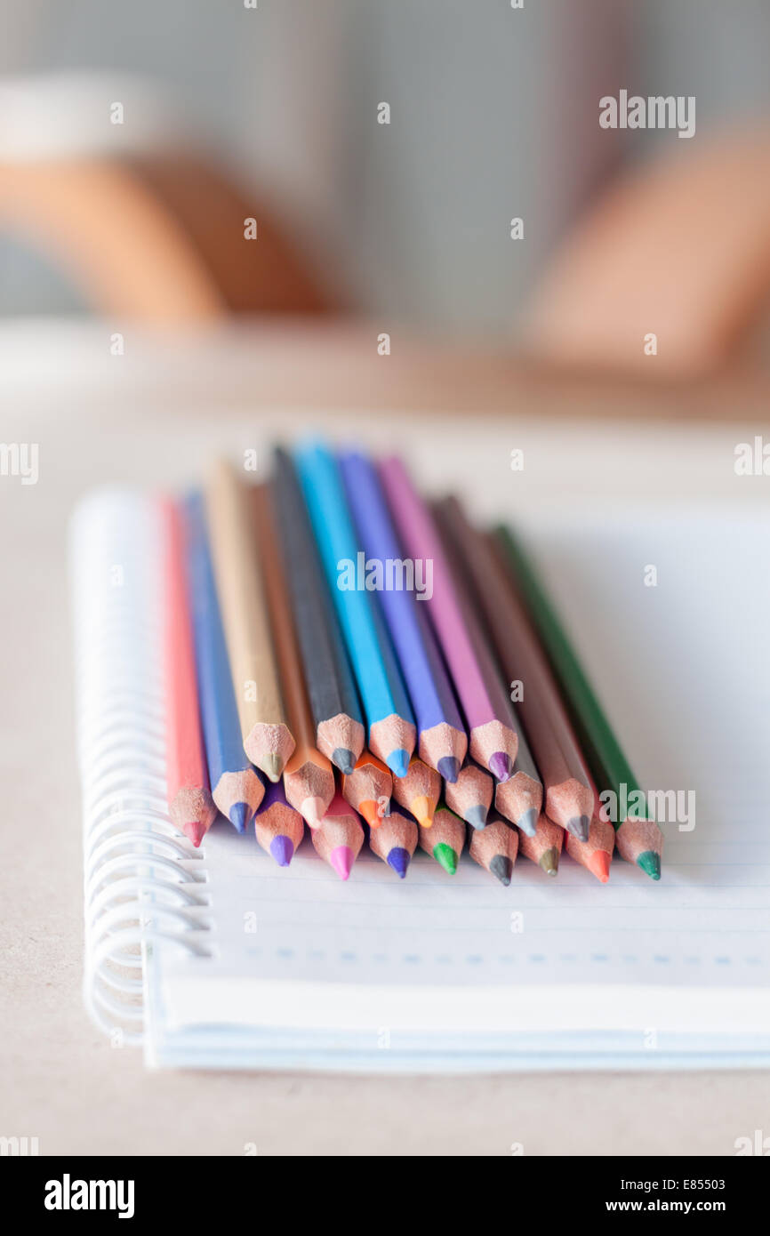 Colorful pencil crayons on spiral notebook, stock photo Stock Photo