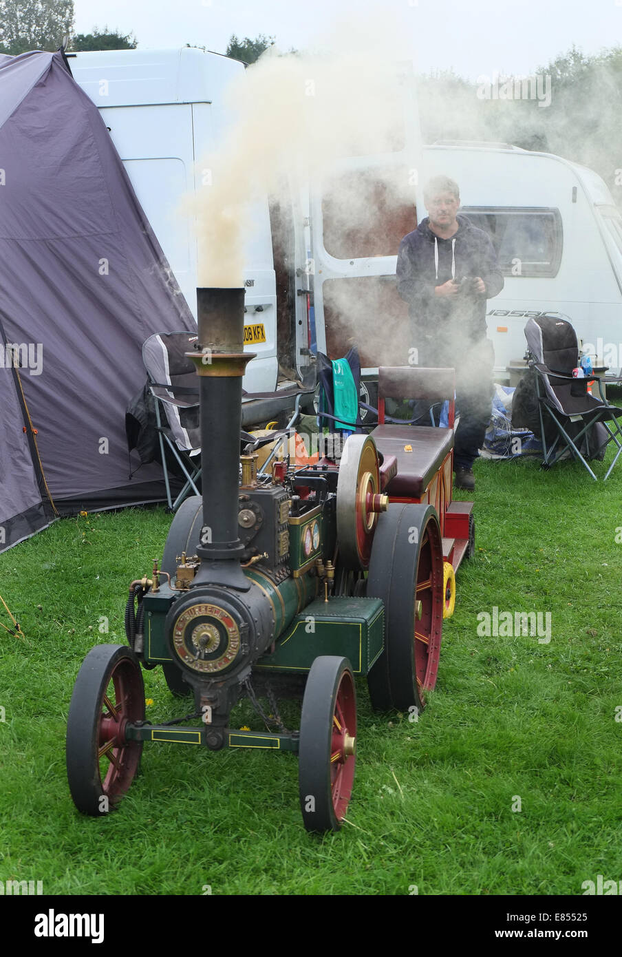 Model steam engines on show at rally in parkland. Stock Photo