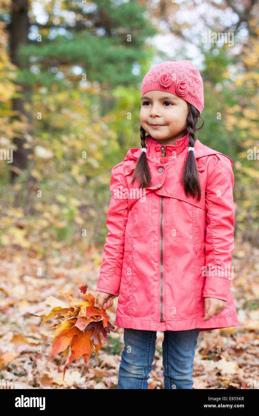 Little girl with autumn leaves in an autumn park Stock Photo - Alamy