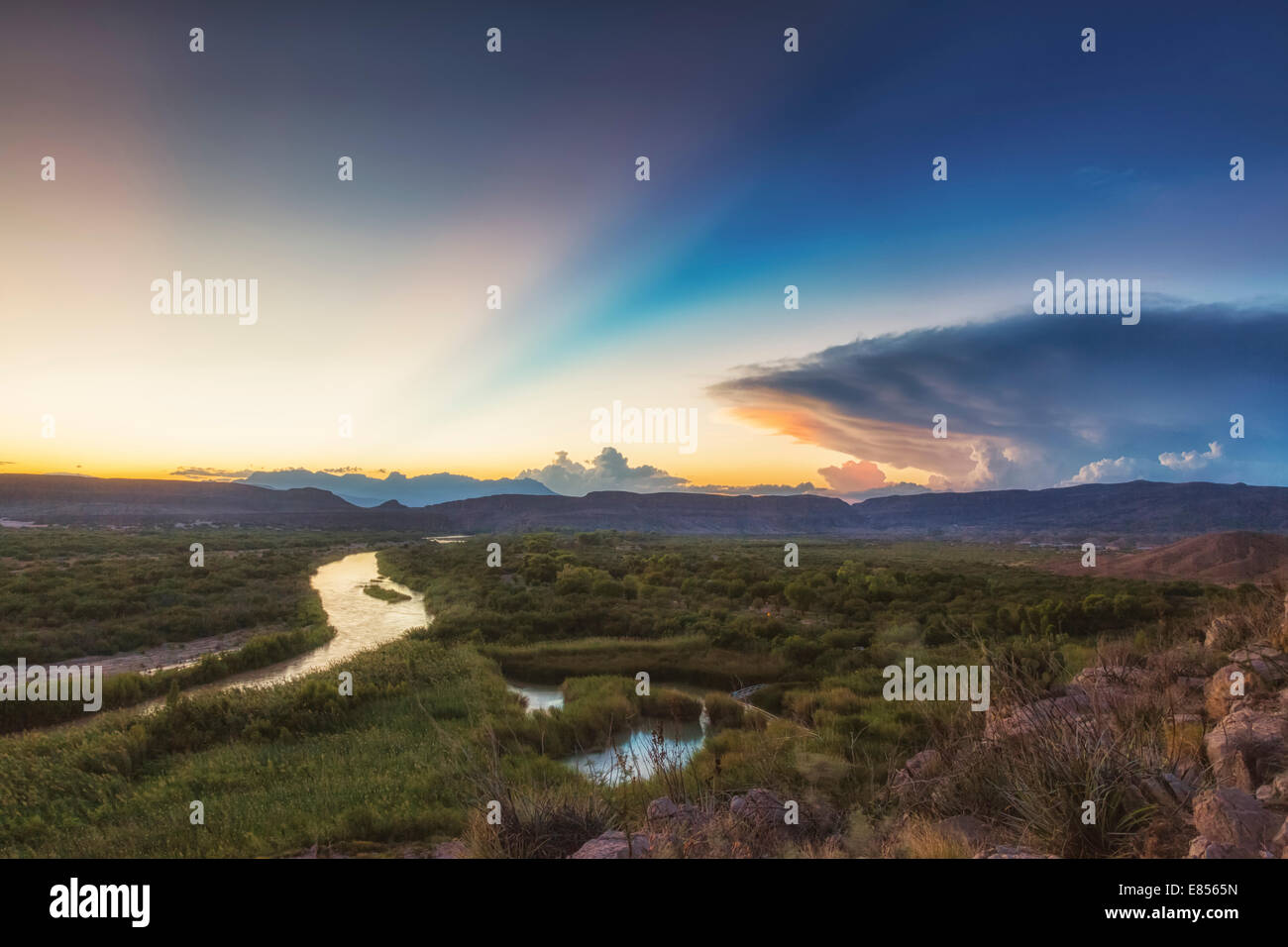 Sunset over Chisos Mountains with Rio Grande River in Big Bend National Park in Southwest Texas. Stock Photo