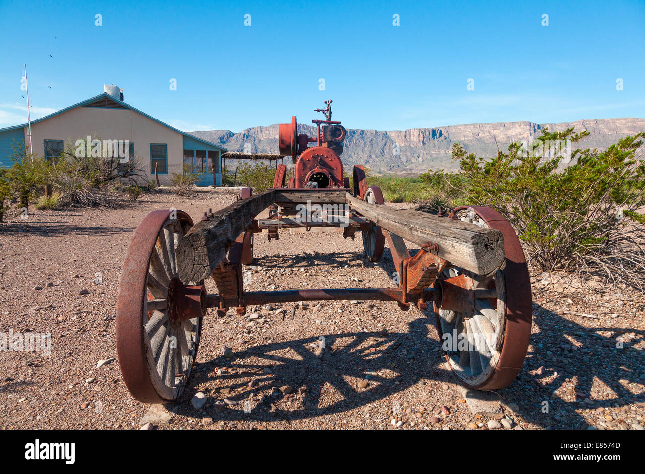 Old Wagon and Cotton Gin Steam Engine on display at Castolon Historic District in Big Bend