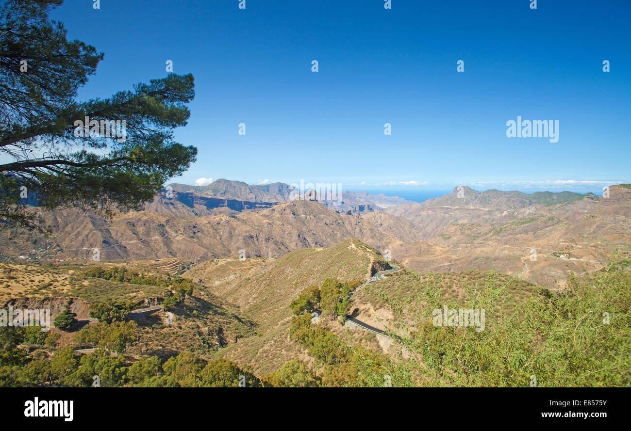 Gran Canaria, Caldera of Tejeda, volcanic plug Roque Bentayga, peak of Teide on Tenerife to the