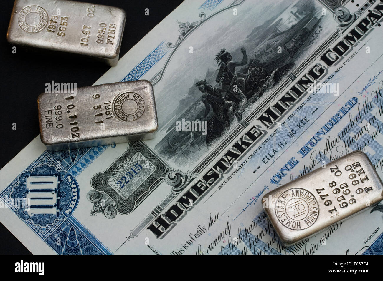 Original Homestake Mining Company Stock Certificate and Silver Bars from the Mine, Located at Lead, South Dakota USA Stock Photo