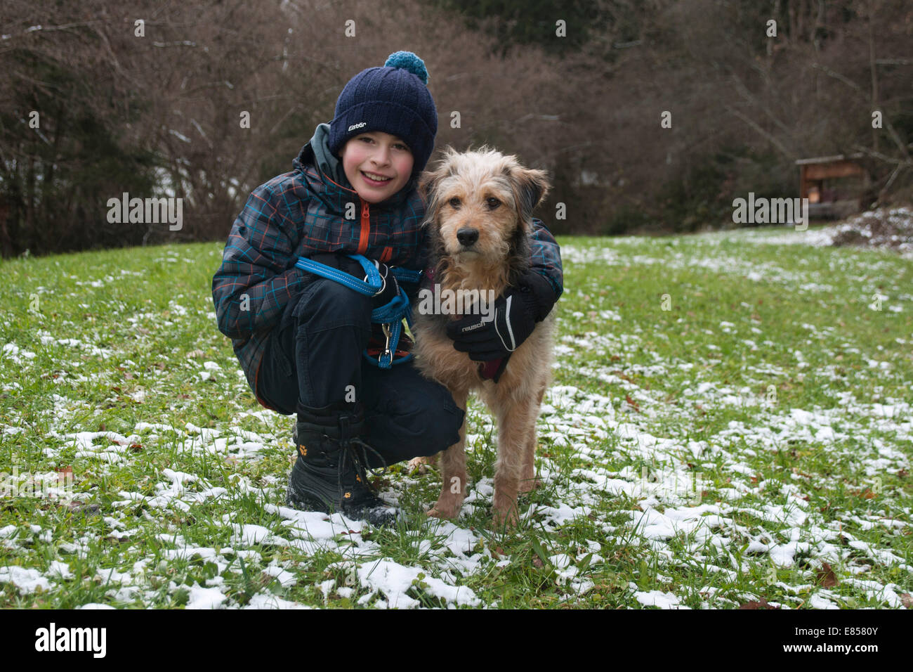 Boy with a Bosnian Coarse-haired Hound or Barak-hybrid Stock Photo