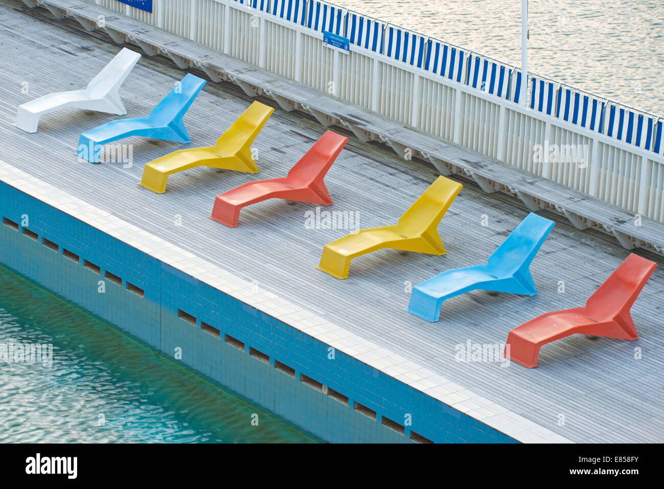 Deckchairs beside the pool at Parnell Baths, Auckland, North Island, New Zealand Stock Photo