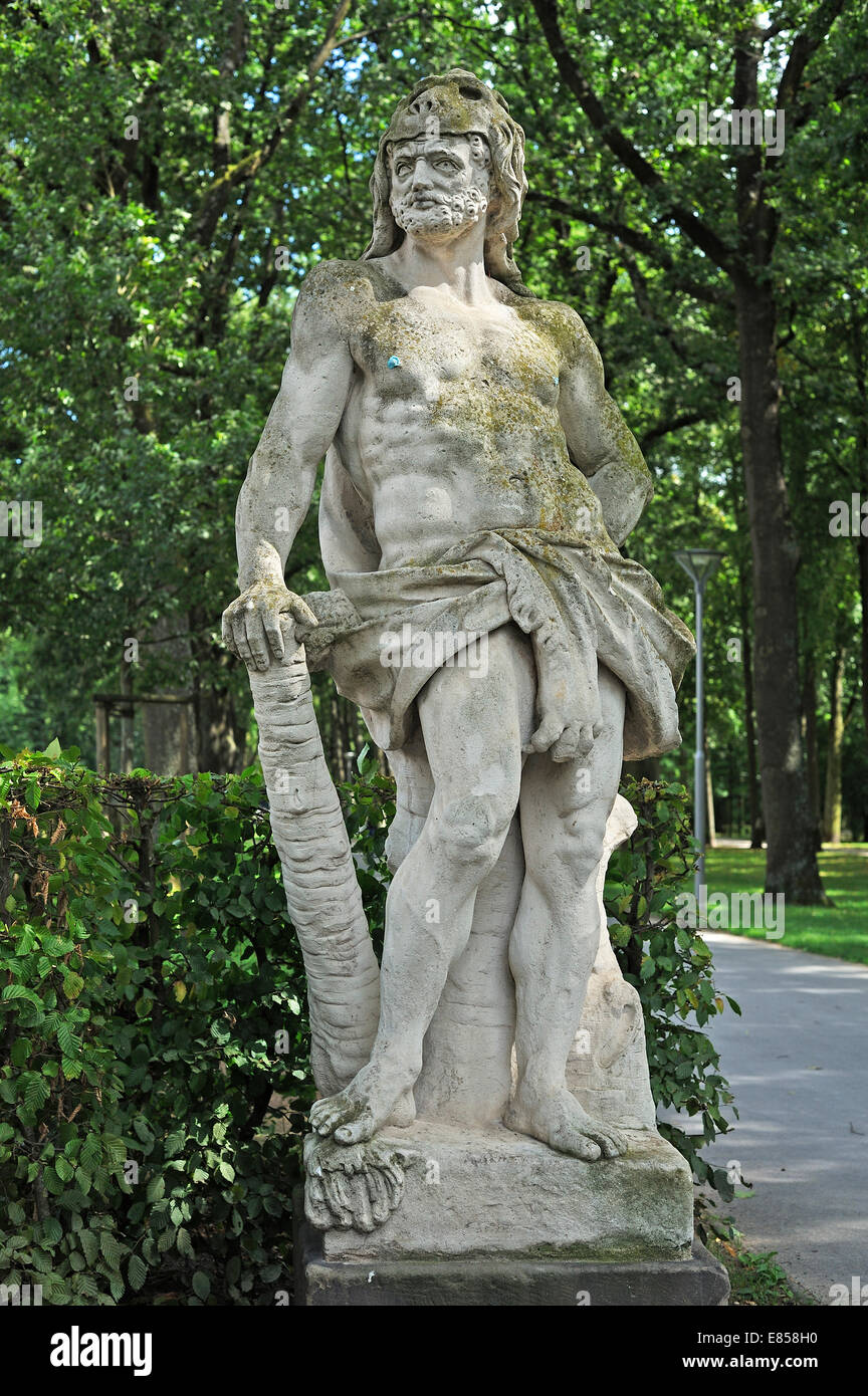 Baroque sculpture of Hercules wearing a lion skin, Hofgarten courtyard garden, Bayreuth, Bavaria, Germany Stock Photo