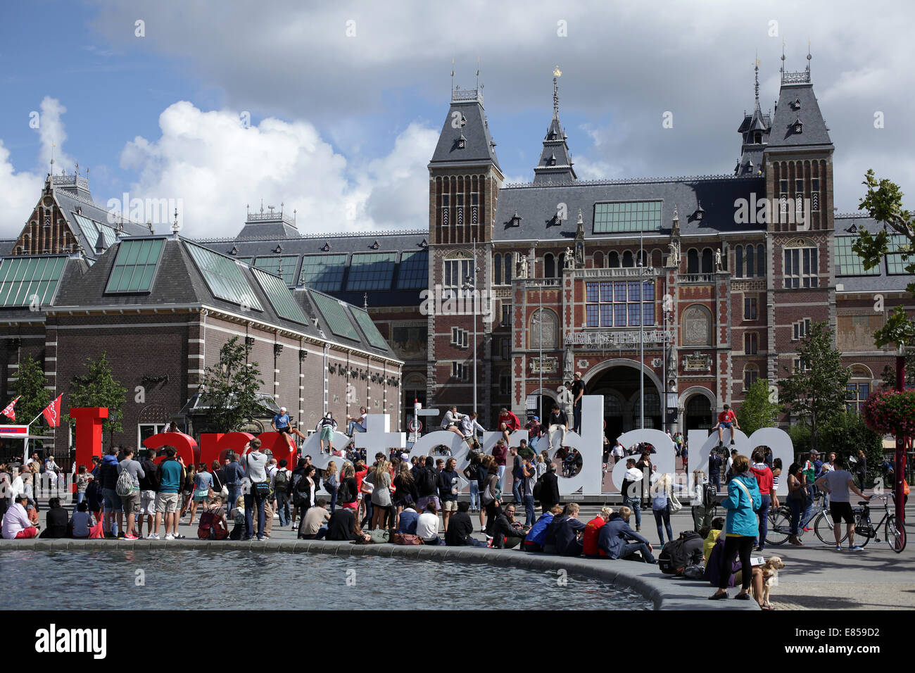 Tourists and the I amsterdam sign in front of the Rijksmuseum Netherlands.i love amsterdam Stock Photo