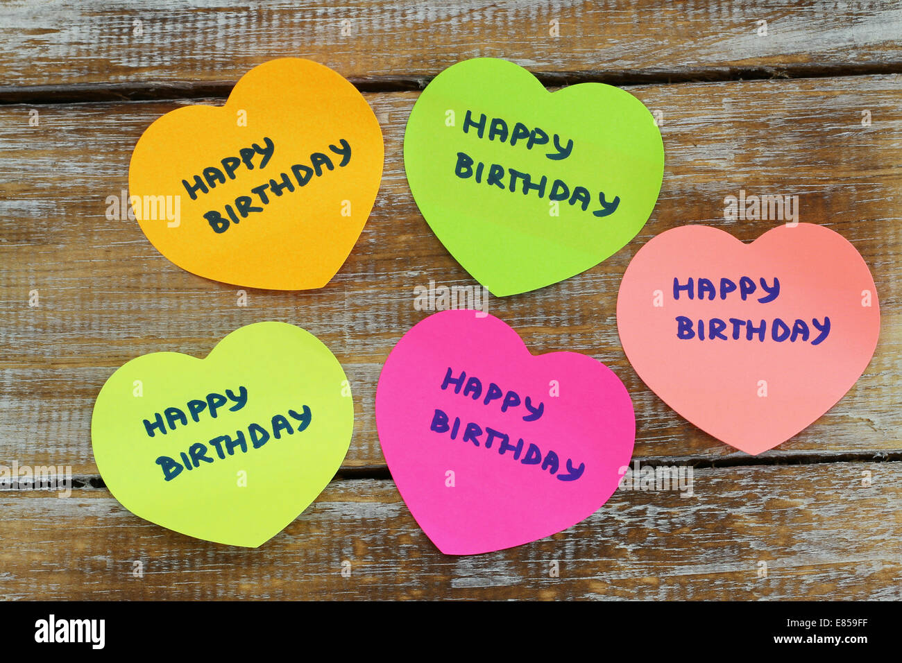 Happy birthday card with colorful paper hearts Stock Photo