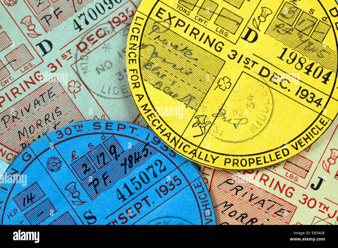 1934 and 1935 car tax discs for a mechanically propelled vehicle Stock