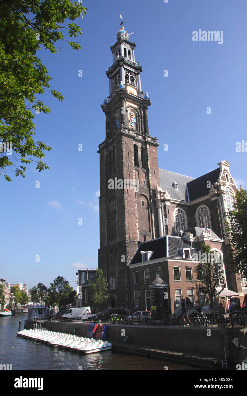 Westerkerk church by Prinsengracht canal Amsterdam Holland Stock Photo