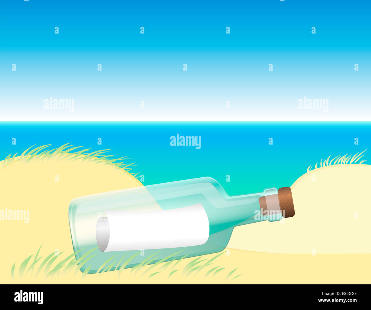 Message in a bottle washed up at the beach coast near the ocean water. Stock Photo